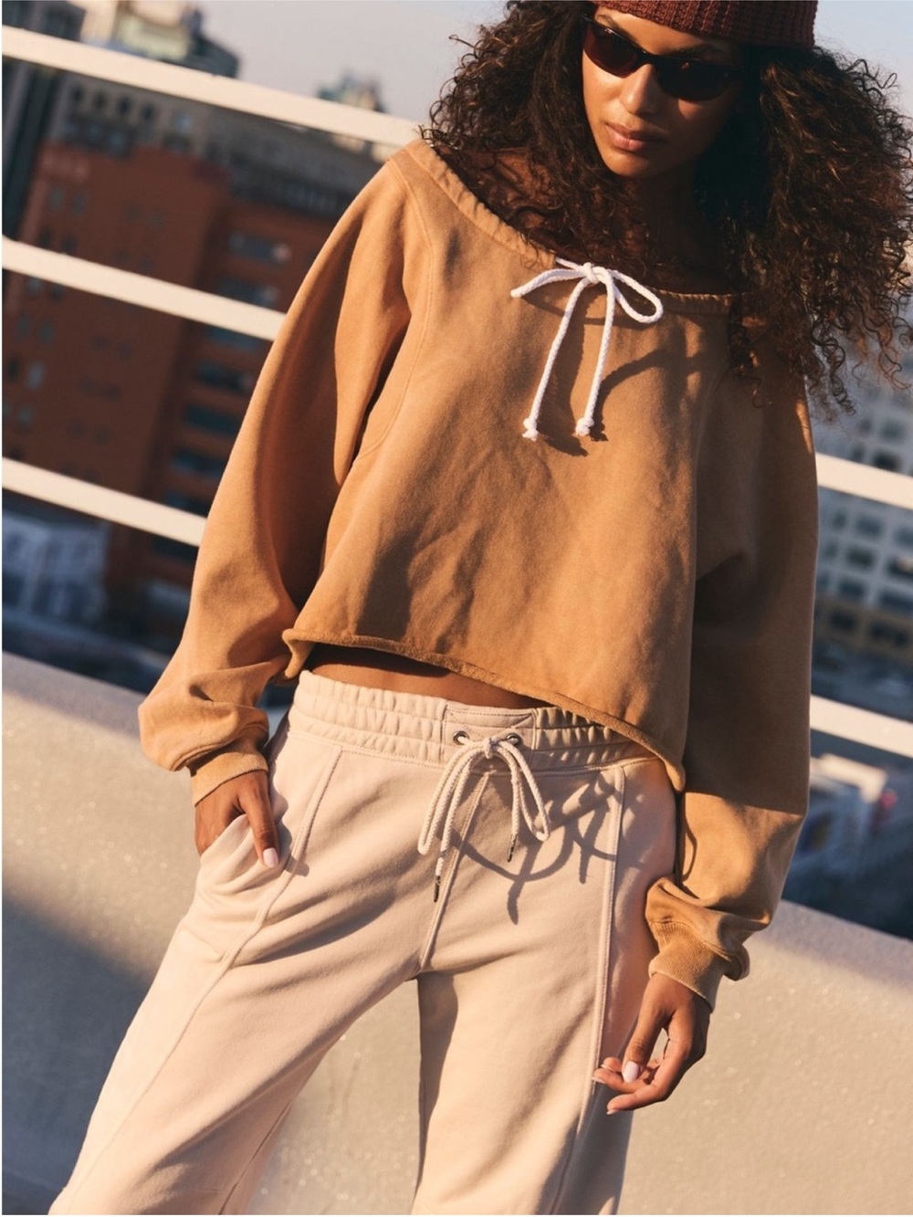 FP Movement For The Win Off The Shoulder Sweatshirt Camel NWT Size L